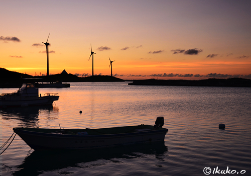 風車と漁港の夕暮れ